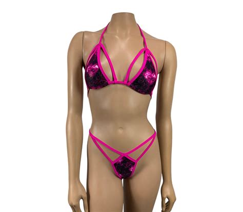 Fuchsia Triangle Bikini Top G String Thong Skimpy Bottom Exotic Dance