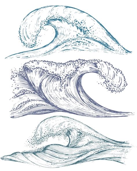 Conjunto De Olas Del Mar Dibujadas A Mano En Estilo Boceto Vector