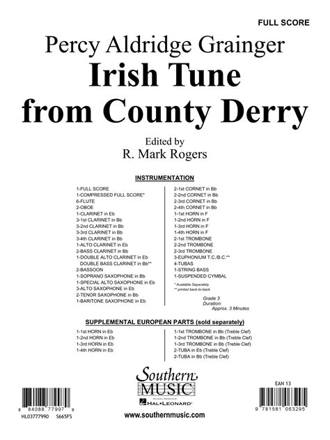 Irish Tune From County Derry Full Score By Percy Grainger Sheet Music