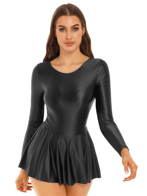 Iefiel Womens Glossy Long Sleeve Dance Skirted Leotard Bodysuit Scoop Neck Gymnastics Dress