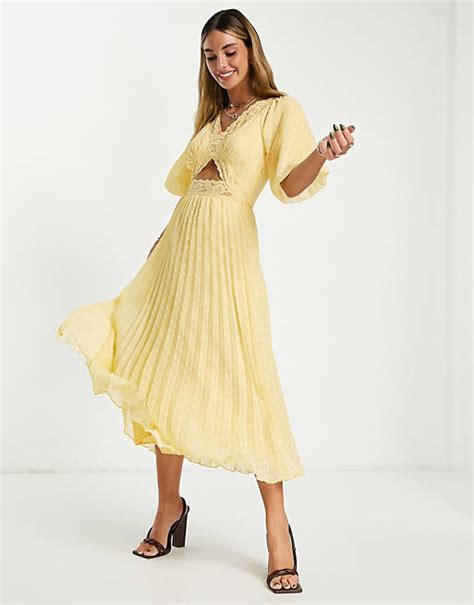 Asos Design Lace Insert Cut Out Dobby Pleated Midi Dress In Lemon