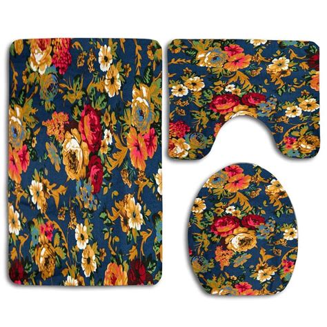 GOHAO Dark Blue Floral Swing 3 Piece Bathroom Rugs Set Bath Rug Contour ...