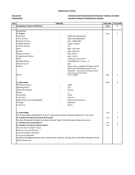 Contoh Dokumen Spesifikasi Teknis Pengadaan Barang Koleksi Gambar