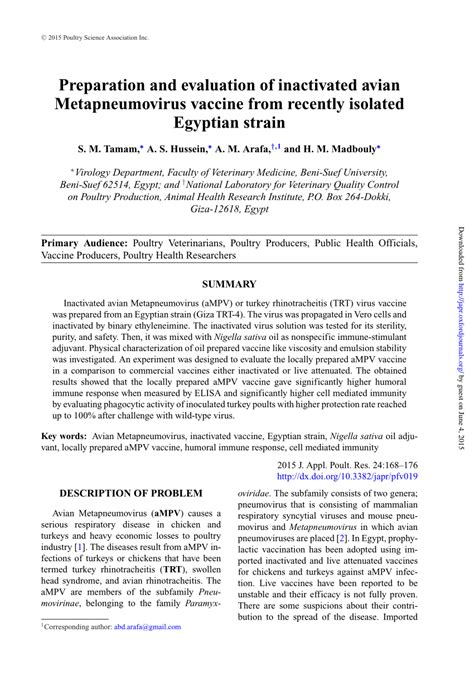 (PDF) Preparation and evaluation of inactivated avian Metapneumovirus ...