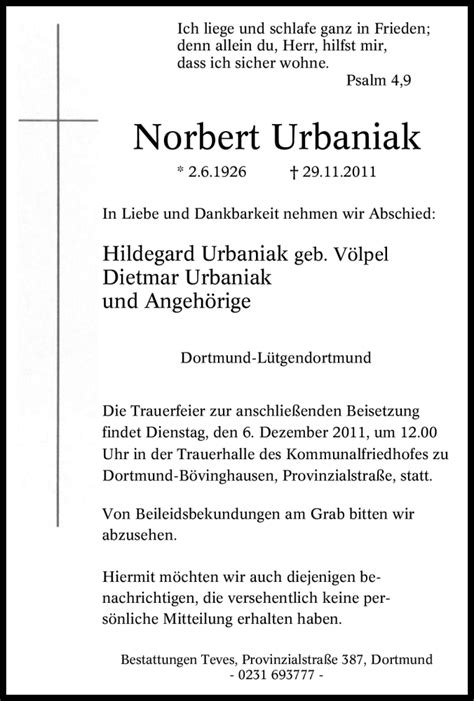 Traueranzeigen Von Norbert Urbaniak Trauer In Nrw De