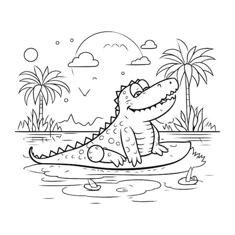 Crocodilo na ilha ilustração vetorial preto e branco Vetor Premium