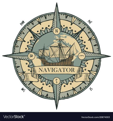 Emblem With A Wind Rose Old Compass And Sailboat Vector Image