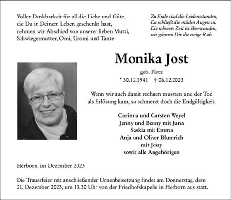 Traueranzeigen Von Monika Jost Vrm Trauer De