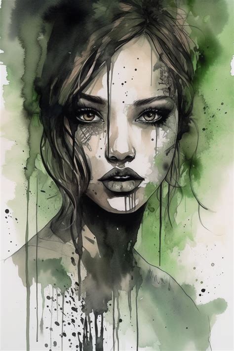 A Watercolor Painting Of A Woman S Face With Green Paint Splattered On It