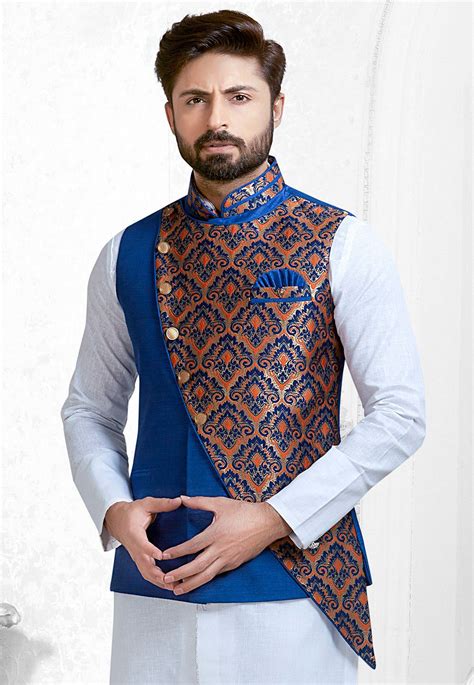 Readymade Art Silk And Art Silk Jacquard Nehru Jacket In Royal Blue And Multicolor This Collar