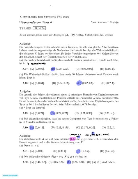 Blatt Sommersemester Mit L Sungen Grundlagen Der Statistik F R