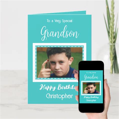 Very special Grandson photo turquoise birthday Card | Zazzle