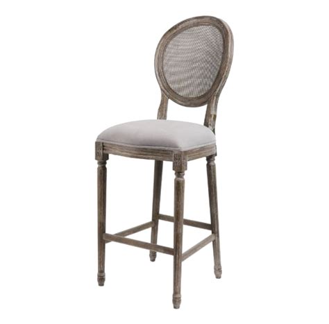 Cane Back Bar Stools Sold as Pairs Gray Oatmeal Linen Seat and Aged