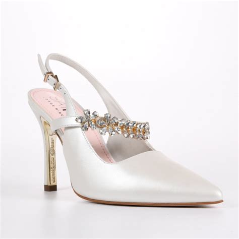 Slingback Branco Pedrarias Say Yes Salto Alto Fino Couro Jorge