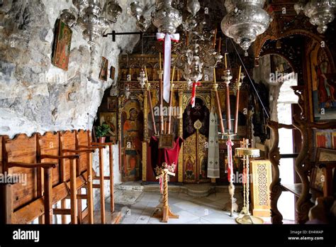 Greece, Cyclades, Amorgos island, interior of the monastery of Panagia ...