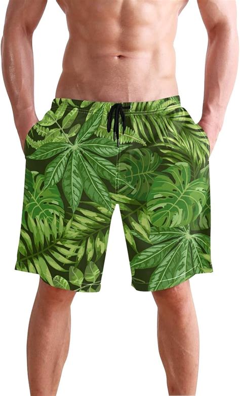 Mens Swim Trunks Tropical Plants Monstera Palm Leaf Quick Dry Beach