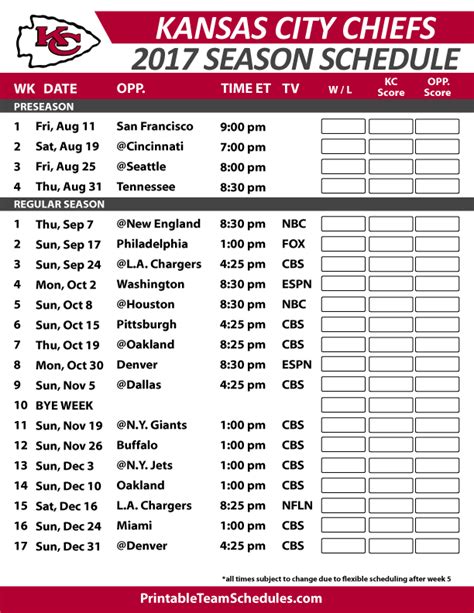 Chiefs Printable Schedule