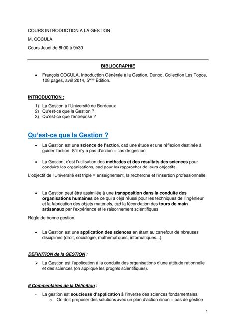 Cours Intro La Gestion Cours Introduction A La Gestion M Cocula