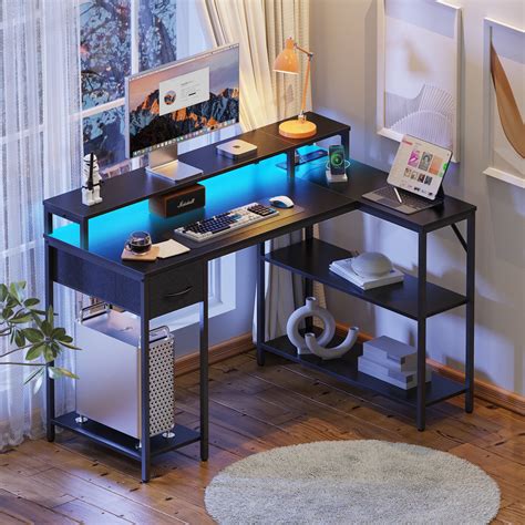 Superjare L Shaped Gaming Desk With Rgb Lights Power Outlets Shelves