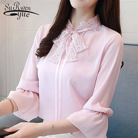 2019 Summer Pink Chiffon Women Shirt Blouse Fashion Sweet Flare Sleeve