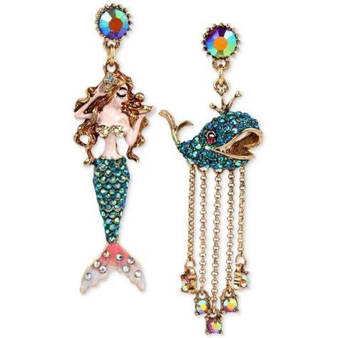 Betsey Johnson Gold Tone Crystal Pave Mermaid And Whale Mismatch Drop