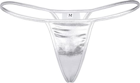 Agoky Women S Shiny Metallic Low Rise G String Thong Micro Panties Lingerie Silver One Size