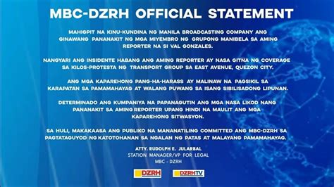 Mbc Dzrh Official Statement For Dzrh Reporter Val Gonzales Youtube