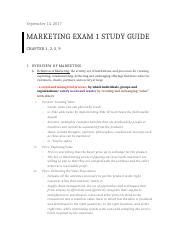 MKTG 350 Exam1 Docx September 14 2017 MARKETING EXAM 1 STUDY GUIDE