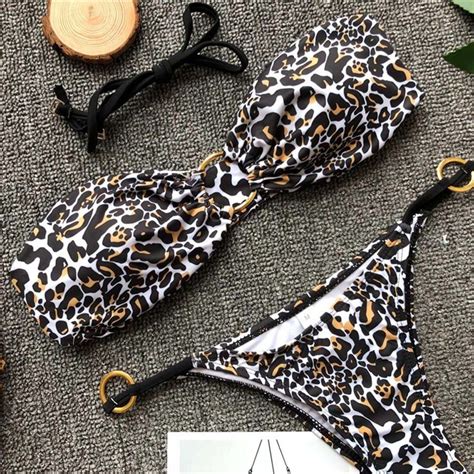Women Leopard Ring Bikini Set Push Up Padded Swimwear Bathing Swimsuit Beachwear Biquinis