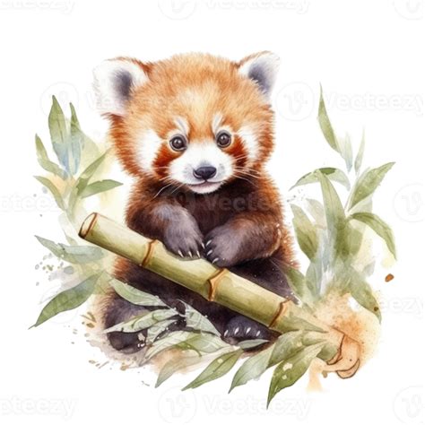 Watercolor Painting Of Cute Animal Red Panda Isolated Transparent