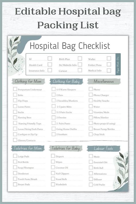 Hospital Bag Packing List Editable Hospital Bag Packing Checklist Birth