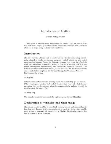 Introduction To Matlab Introduction To Matlab Nicola Rares Franco