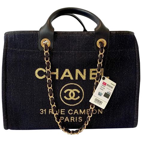 Chanel Classic Deauville Large Metallic Gold Navy Blue Denim Tote Bag