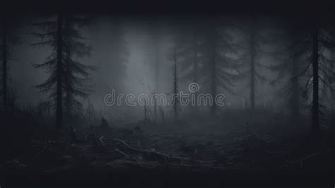 A Mysterious Forest With Tall Trees In Dense Fog Creating An Eerie