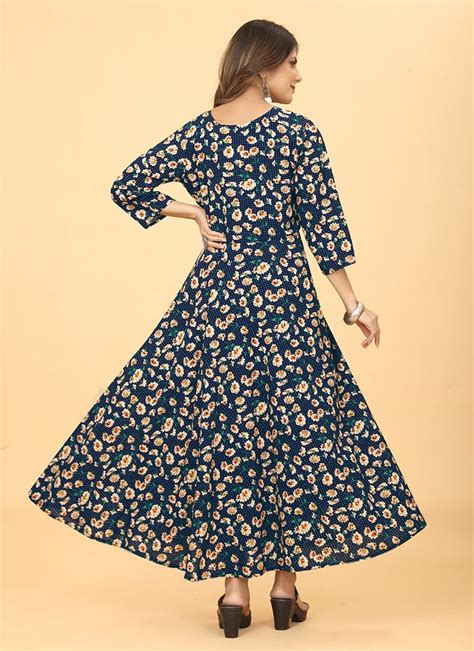 Shop Navy Blue Faux Georgette Floral Print Dresses And Gown After Six