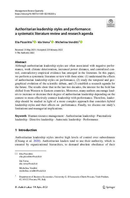 Pdf Authoritarian Leadership Styles And Performance A Systematic