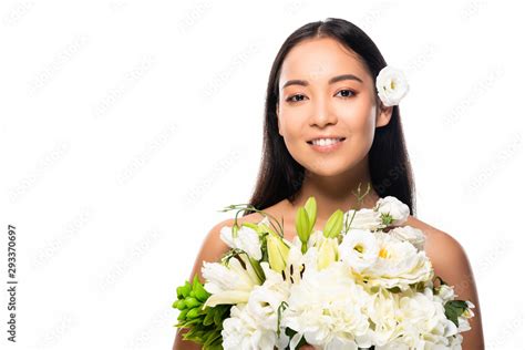 Smiling Beautiful Asian Naked Woman With Flowers Isolated On White Stock Photo Adobe Stock