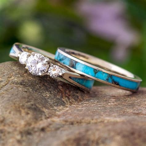 Turquoise Bridal Set With White Gold Three Stone Engagement Ring 2729