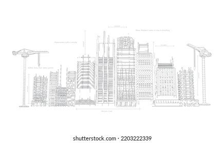 Skyscrapers Building Process On Blueprints Drawing Stock Vector ...