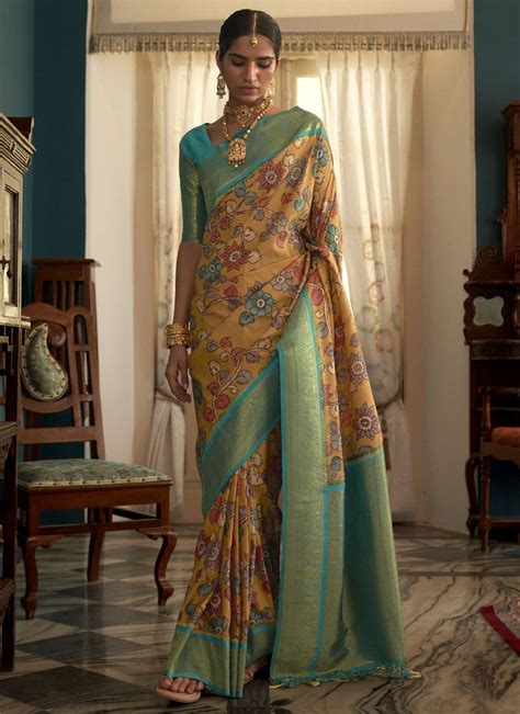 Shop Blue And Yellow Tussar Silk Engagement Saree Online 244978