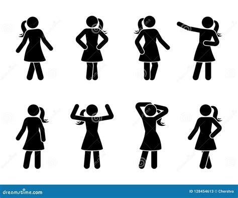 Stick Figure Women Posing Icon Set Standing Young Lady Front View