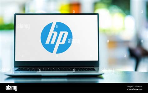 POZNAN, POL - FEB 6, 2021: Laptop computer displaying logo of HP, a ...