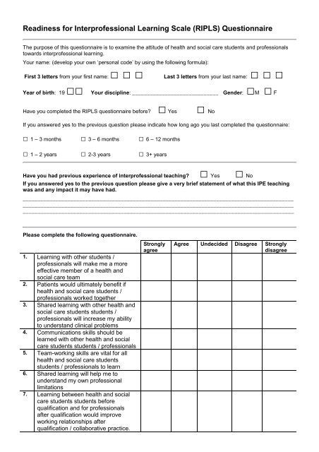 Readiness For Interprofessional Learning Scale Ripls Questionnaire