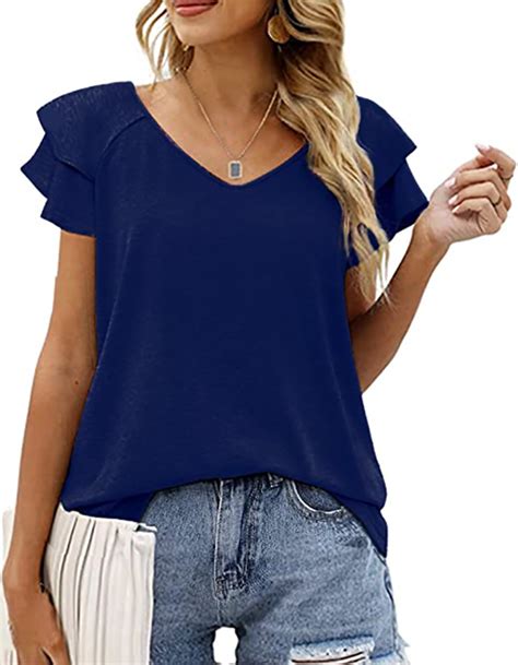 Mengpipi Women S V Neck Double Ruffle Short Sleeve Tops Casual Summer