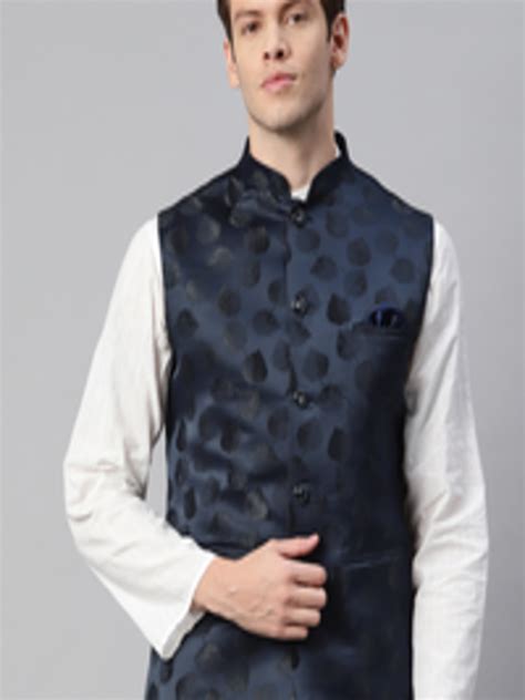 Buy Essas Club Men Navy Blue Jacquard Nehru Jacket With Leaf Pattern