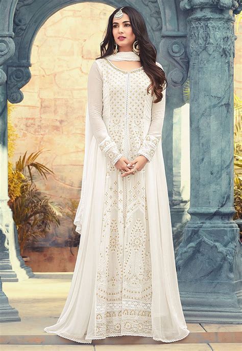 Embroidered Georgette Abaya Style Suit In Off White Indian Dresses