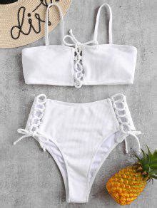 Ribbed Lace Up Bikini Set In White Zaful