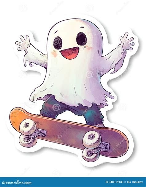 Cute Smiling Ghost Rides a Skateboard and Scares - Halloween Sticker