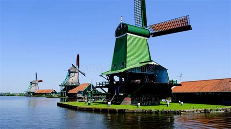 Traditional Dutch Windmills At The Zaanse Schans Heritage Park Stock