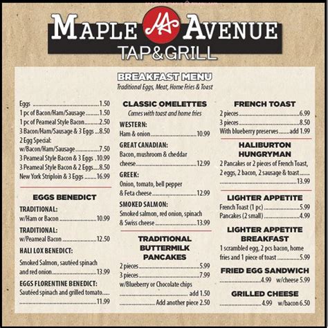 Menu at Maple Avenue Tap & Grill pub & bar, Haliburton